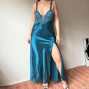 Vintage 80s Victorias secret gold label turquoise satin mesh nightgown